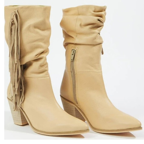 Matisse Shoes - MATISSE BRIN FRINGE MID-CALF WESTERN LEATHER BOOTS SNIP TOE SLOUCHY SIZE 8 TAN